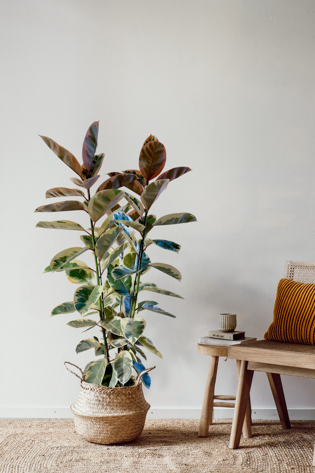 Eine Ficus Elastica Belize XXL Pflanze von Viva tu Casa in einem geflochtenen Korb schmückt einen minimalistischen Wohnraum mit cremefarbener Wand. Auf einer Holzbank stehen ein Kissen, ein Stapel Bücher und eine Tasse, alles auf einem strukturierten Teppich – perfekt für alle, die Pflegetipps für ihre Zimmerpflanzen suchen.