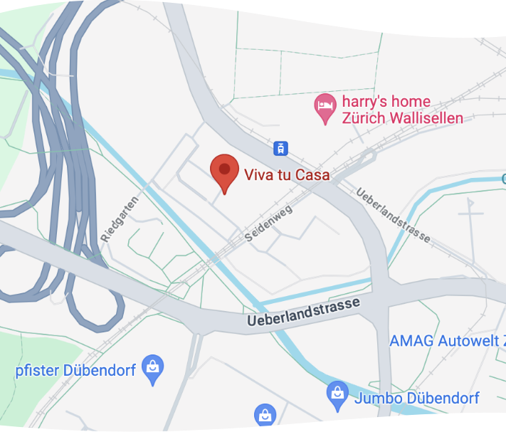 Karte mit einem Ort mit der Aufschrift „Viva tu Casa“ am Seidenweg. Zu den nahe gelegenen Sehenswürdigkeiten gehören AMAG Autowelt, Pfister Dübendorf, Jumbo Dübendorf und Harrys Home Zürich Wallisellen. Auf der Karte sind Straßen wie die Überlandstraße und der Riedgraben eingezeichnet.